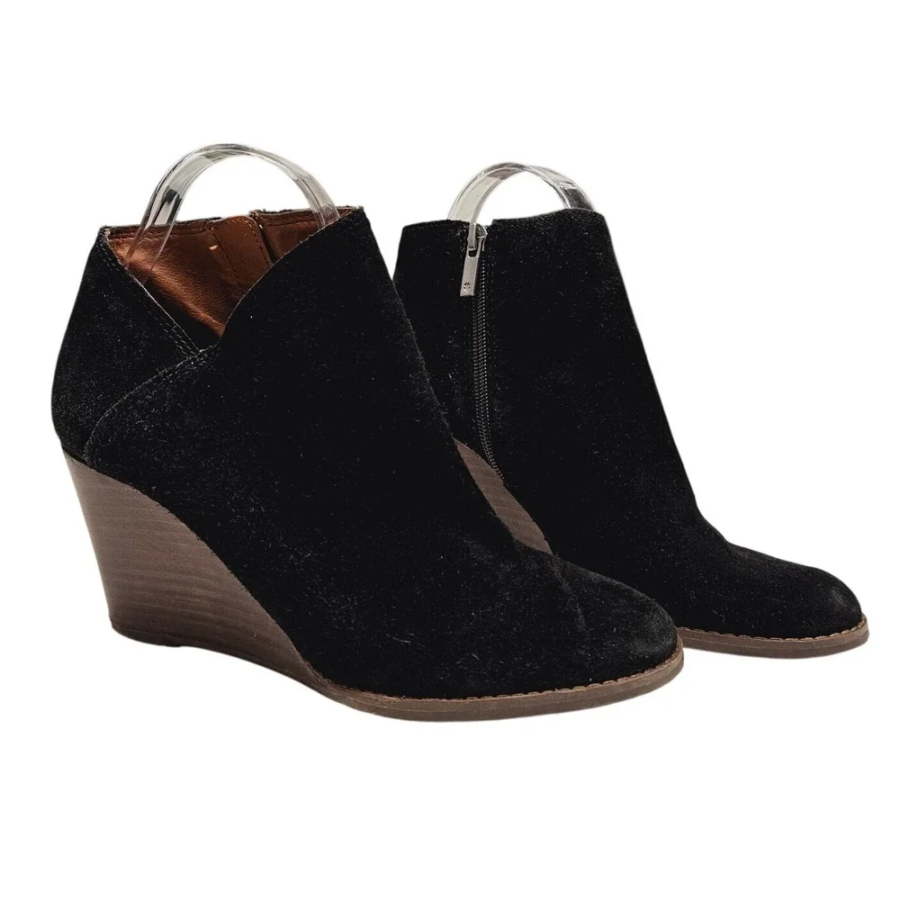 Lucky Brand Black Suede Leather Wedge Heel Ankle Booties Neutral Women's Shoes 8